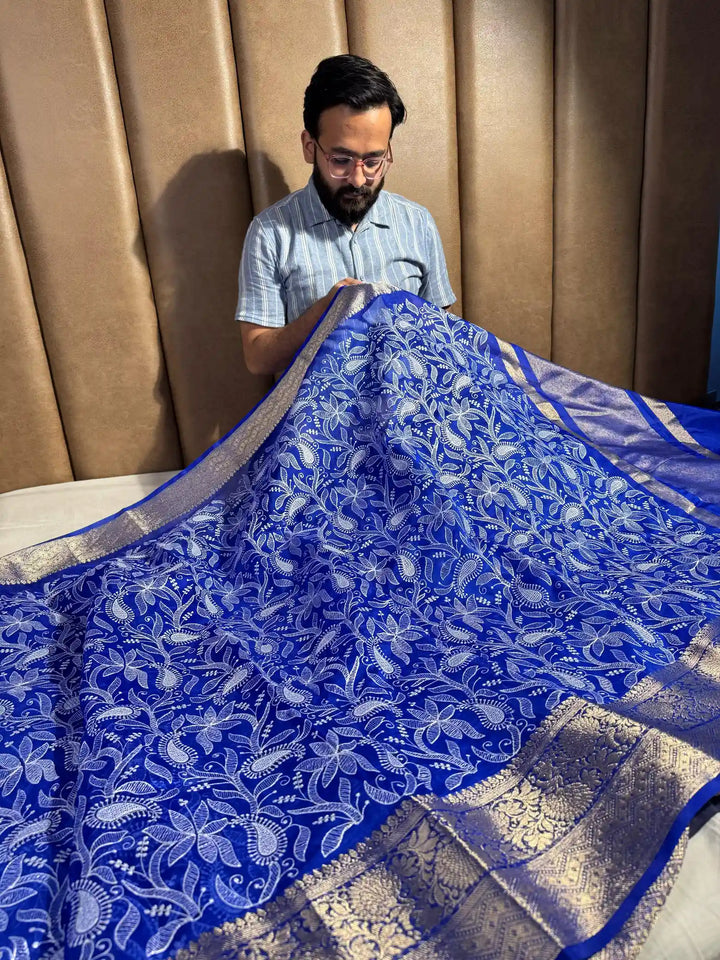 Royal Blue Premium Chikankari Work Banarasi Saree