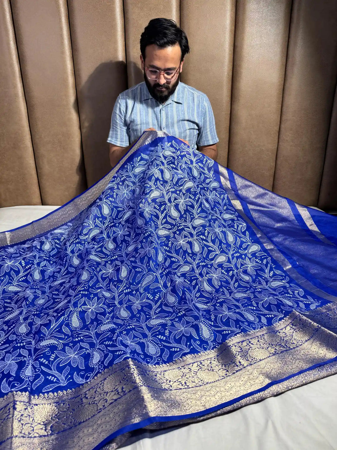 Royal Blue Premium Chikankari Work Banarasi Saree