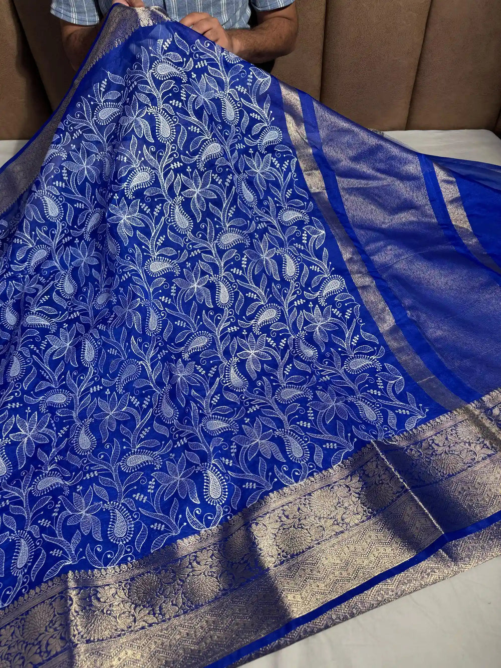 Royal Blue Premium Chikankari Work Banarasi Saree