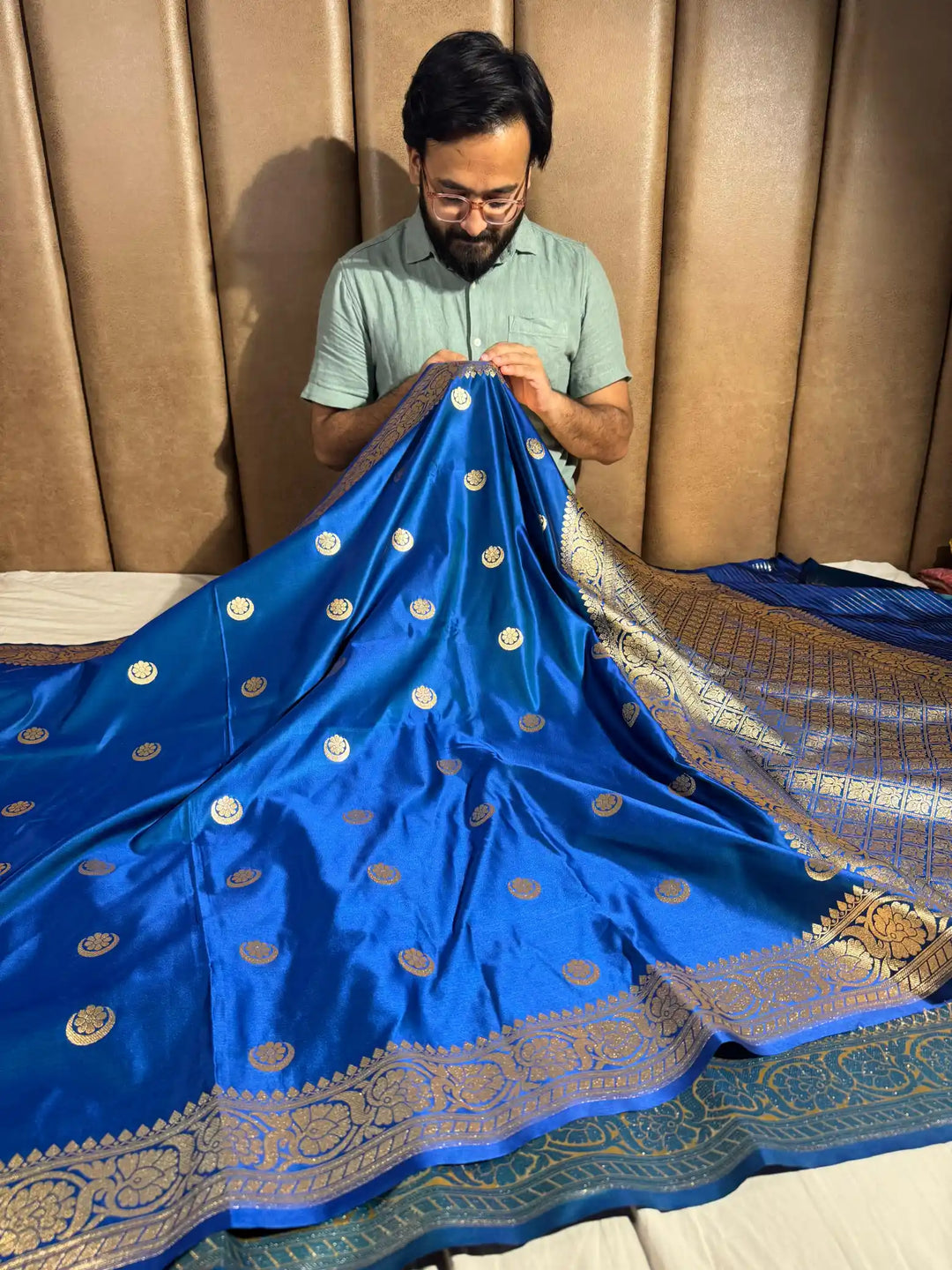 Royal Blue Satin Silk Saree with Rich Texture Design and Classical Pallu
