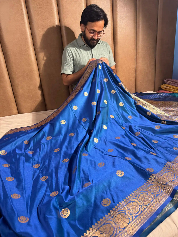 Royal Blue Satin Silk Saree with Rich Texture Design and Classical Pallu