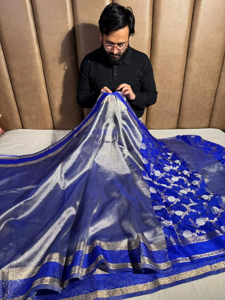 Royal Blue Tissue Silk Saree with Rich Pallu and Blouse