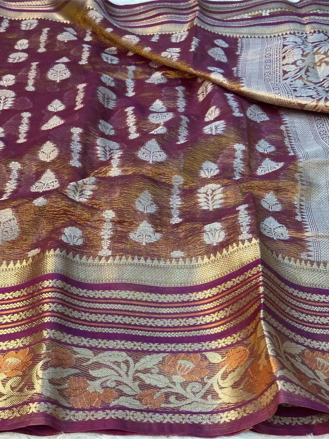 Rusted Purple Shade Crushed Tissue Silk Banarasi Saree