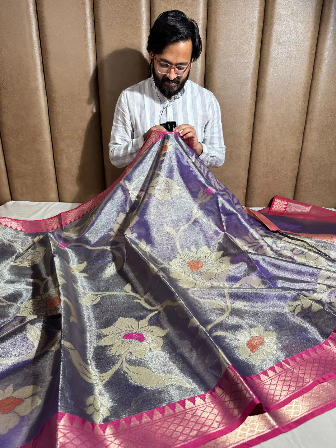 Rusty Blue Banarasi Tissue Silk Saree with Floral Zari Pattern and Rich Pallu