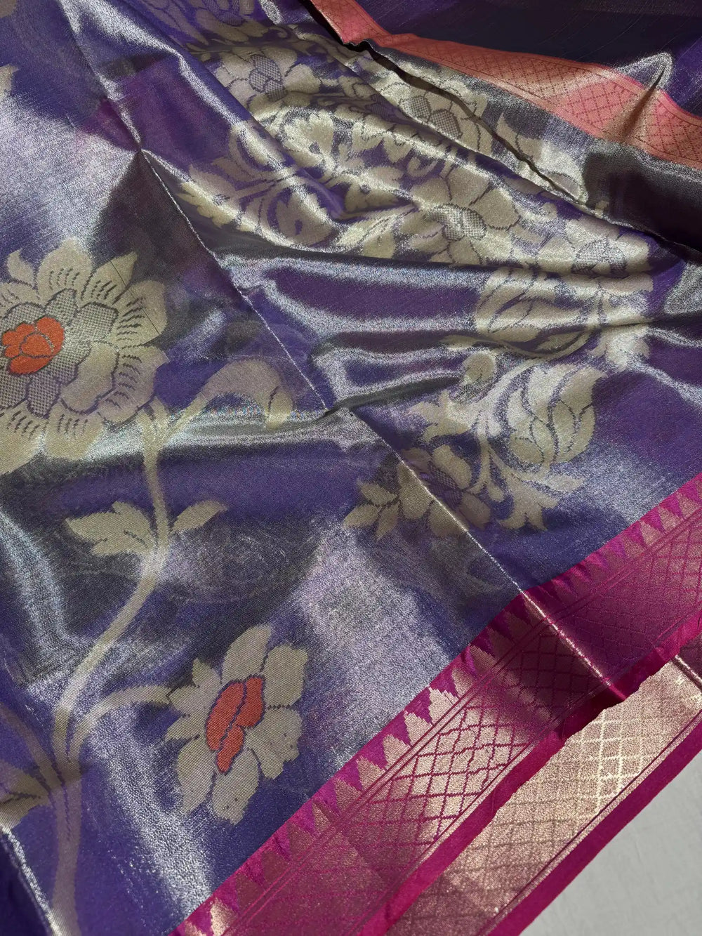 Rusty Blue Banarasi Tissue Silk Saree with Floral Zari Pattern and Rich Pallu