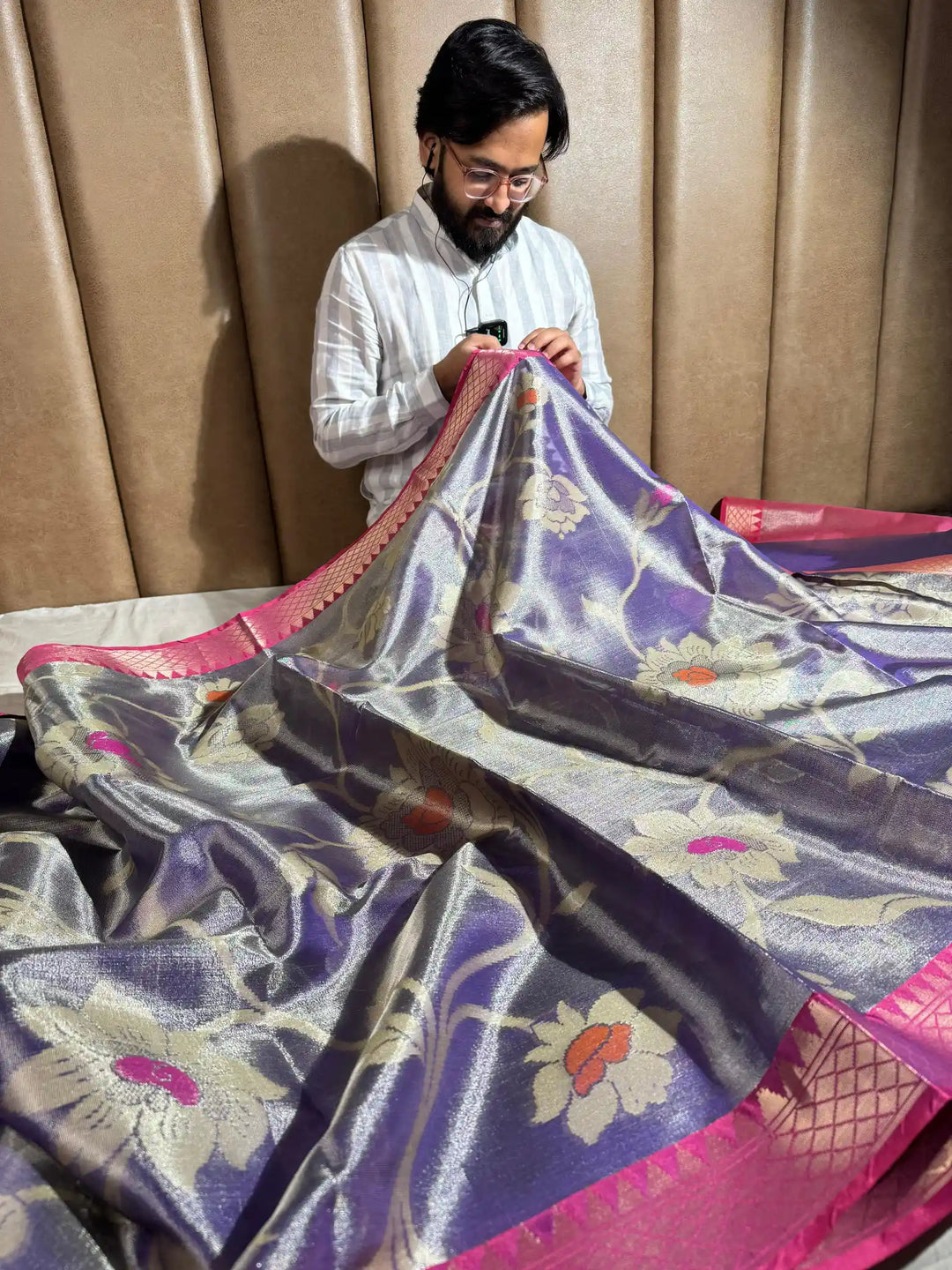 Rusty Blue Banarasi Tissue Silk Saree with Floral Zari Pattern and Rich Pallu
