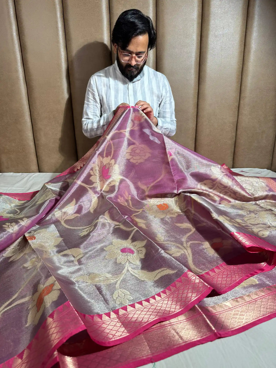 Rusty Pink Banarasi Tissue Silk Saree with Floral Zari Pattern and Rich Pallu