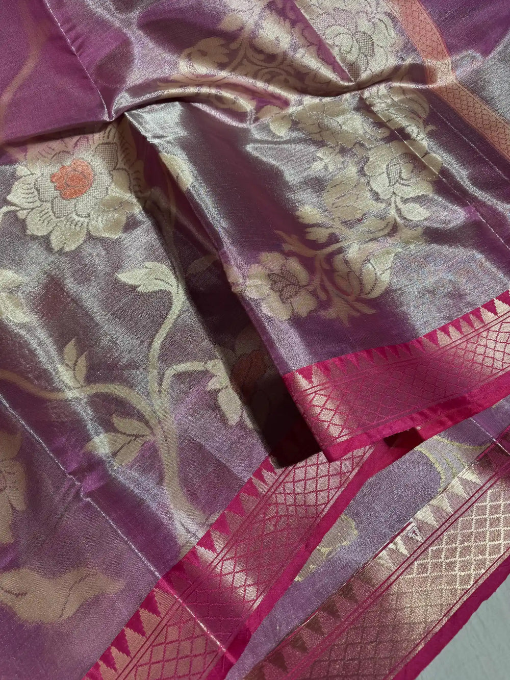 Rusty Pink Banarasi Tissue Silk Saree with Floral Zari Pattern and Rich Pallu