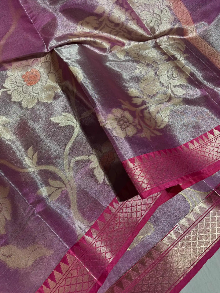 Rusty Pink Banarasi Tissue Silk Saree with Floral Zari Pattern and Rich Pallu