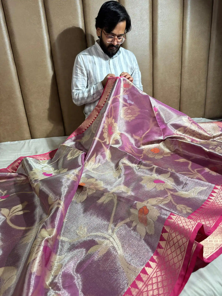 Rusty Pink Banarasi Tissue Silk Saree with Floral Zari Pattern and Rich Pallu