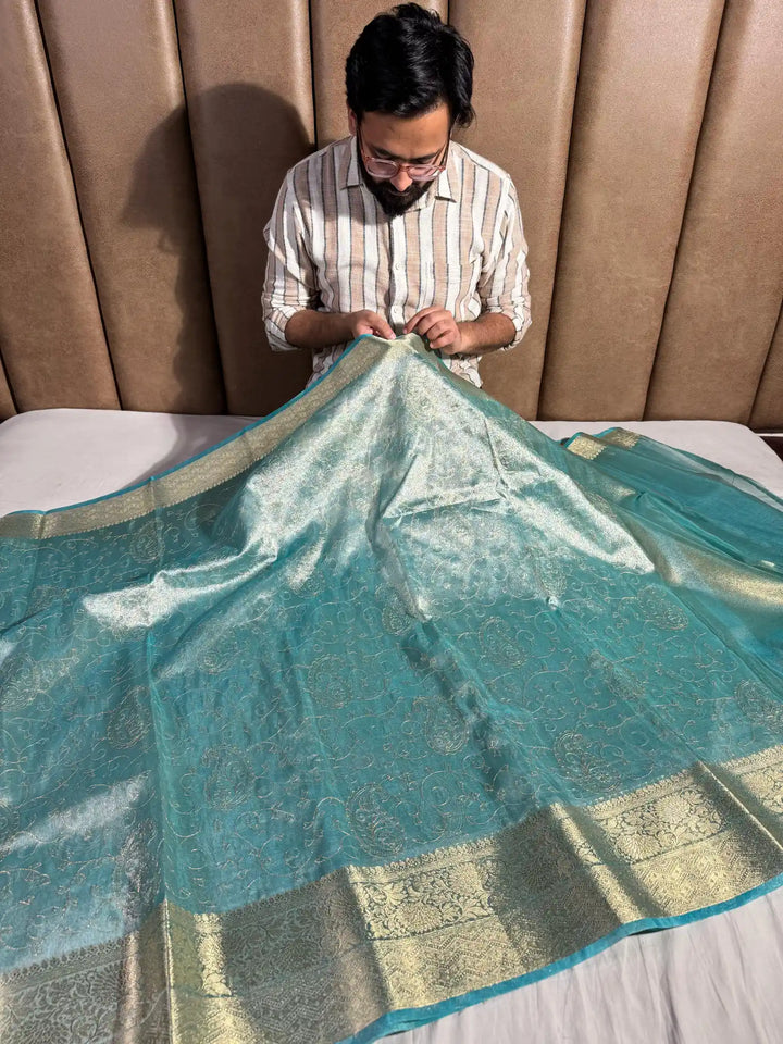 Sea Blue Premium Zari Chikankari Tissue Silk Saree with zari pallu and blouse