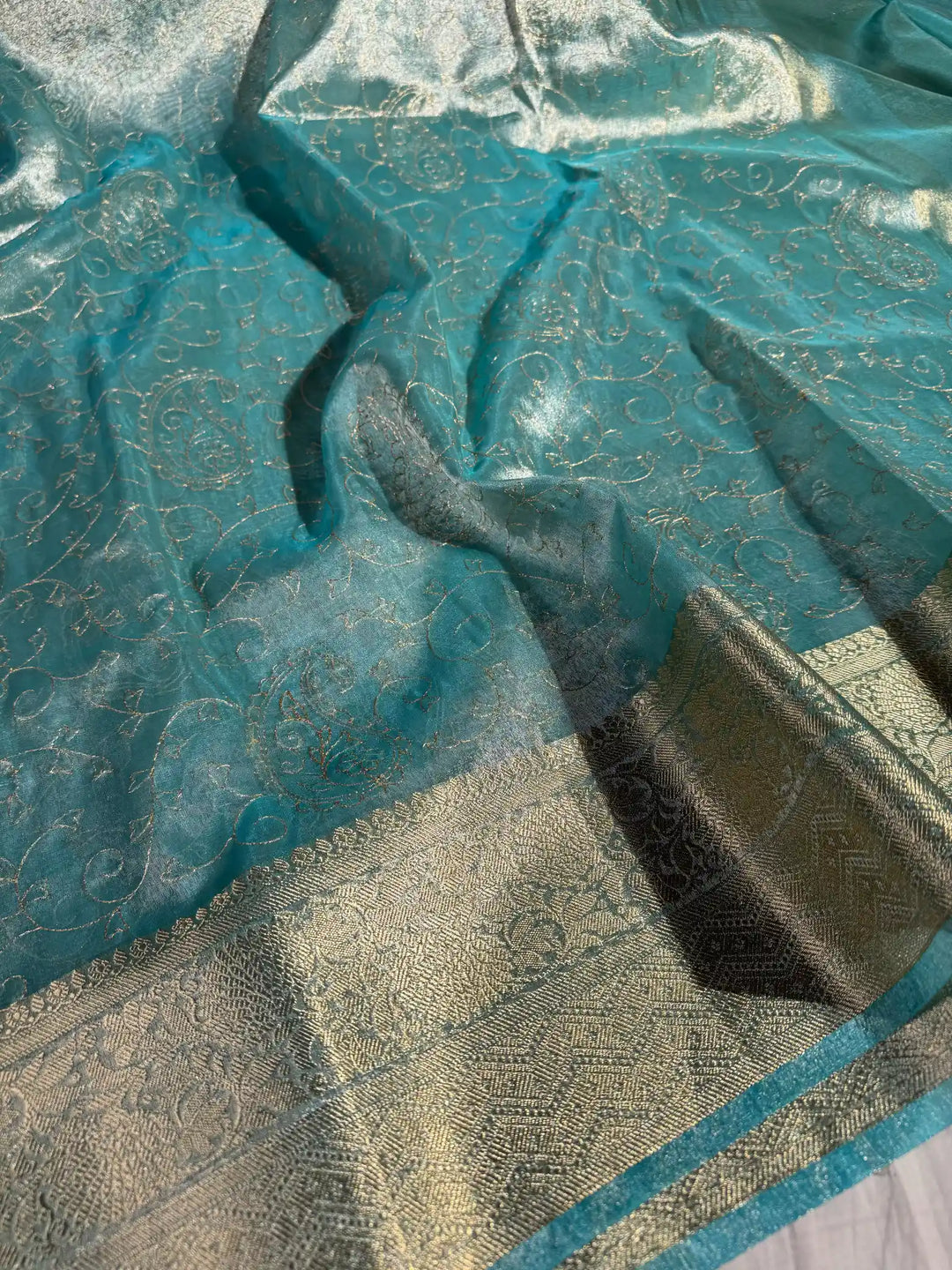 Sea Blue Premium Zari Chikankari Tissue Silk Saree with zari pallu and blouse