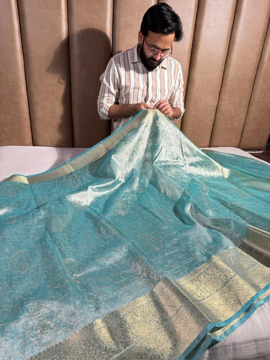 Sea Blue Premium Zari Chikankari Tissue Silk Saree with zari pallu and blouse