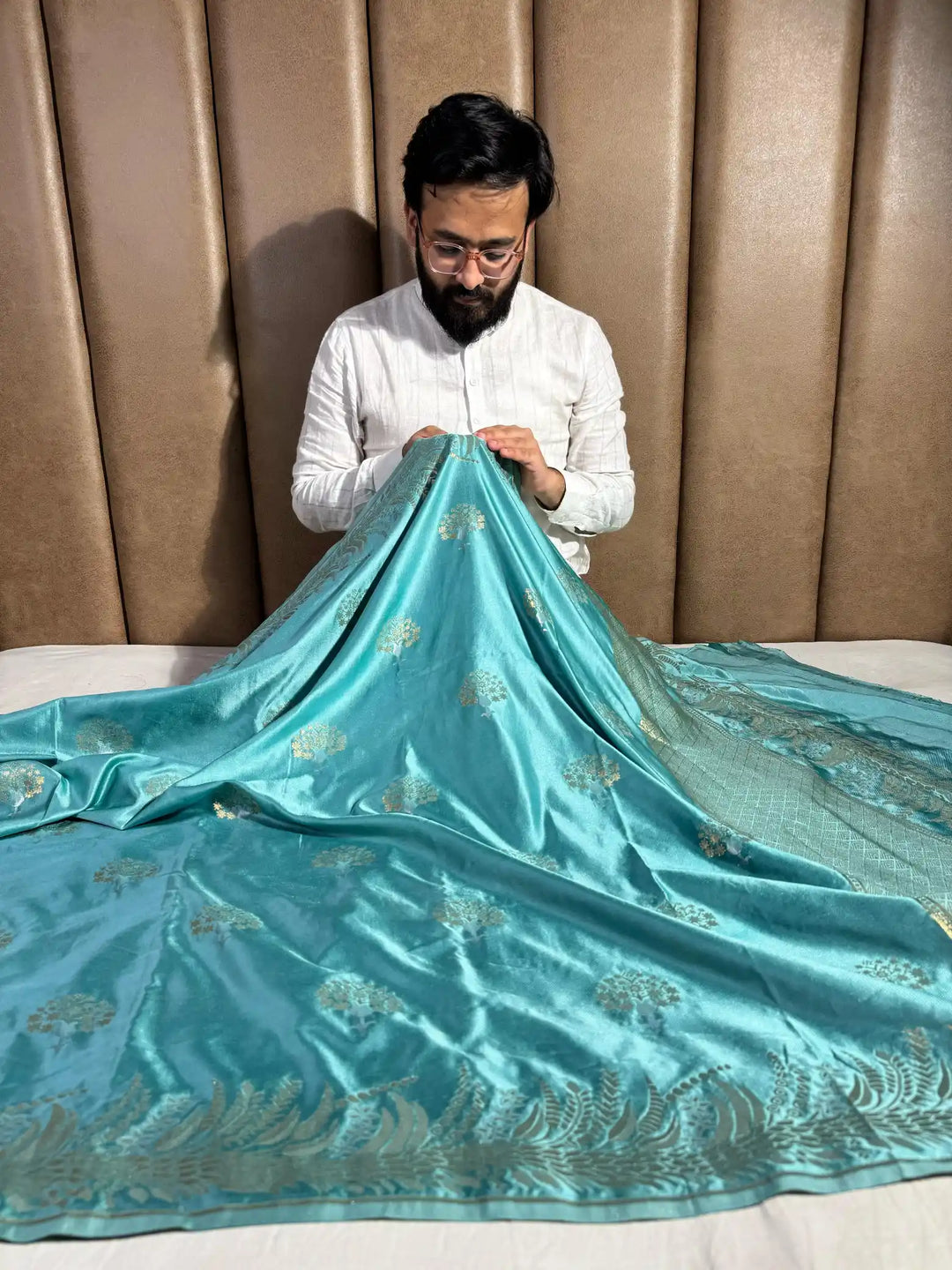Sea Green Mashru Katan Silk Saree with Rich Pallu and Blouse