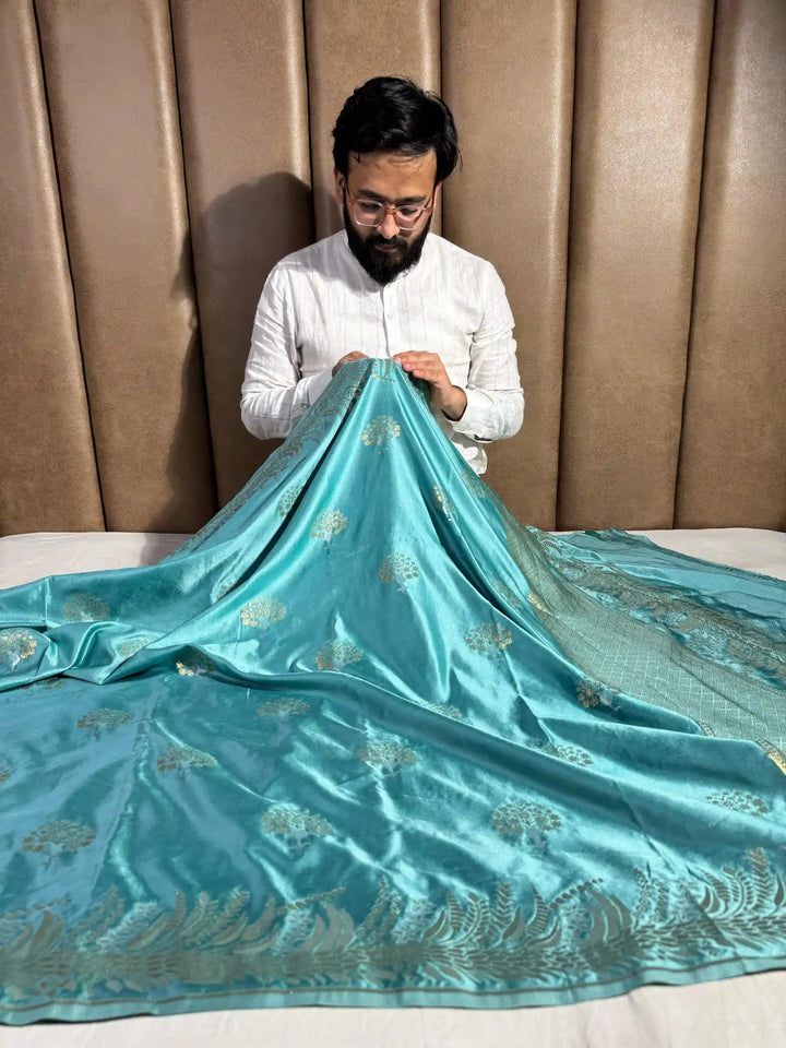 Sea Green Mashru Katan Silk Saree with Rich Pallu and Blouse