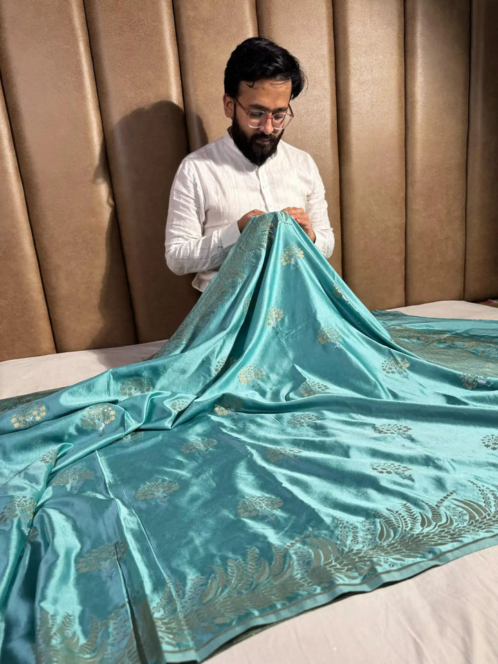 Sea Green Mashru Katan Silk Saree with Rich Pallu and Blouse