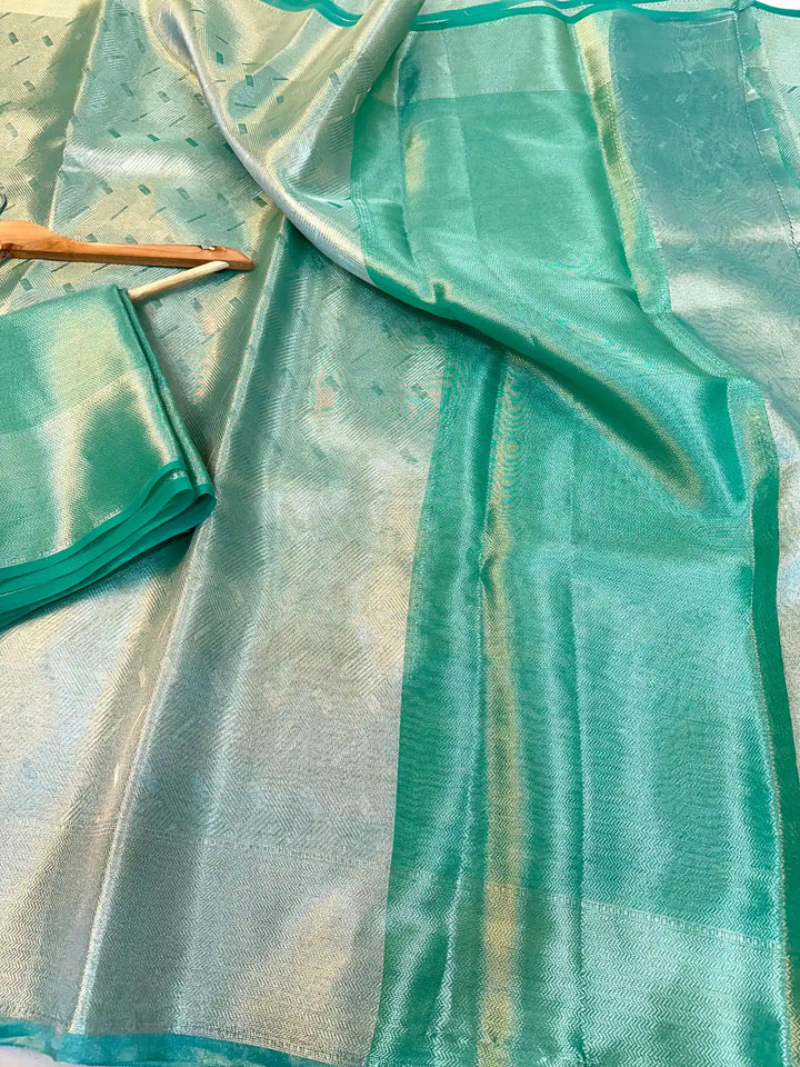 Sea Green Kanjivaram Tissue Silk Zari Embossed Saree