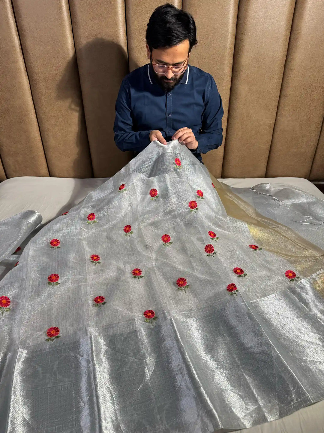 Silver Tissue Kota Silk Saree with Flower Thread Work and Zari Pallu