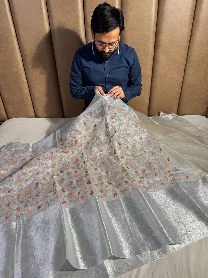 Silver Tissue Kota Silk Saree with Flower Thread Work and Zari Pallu