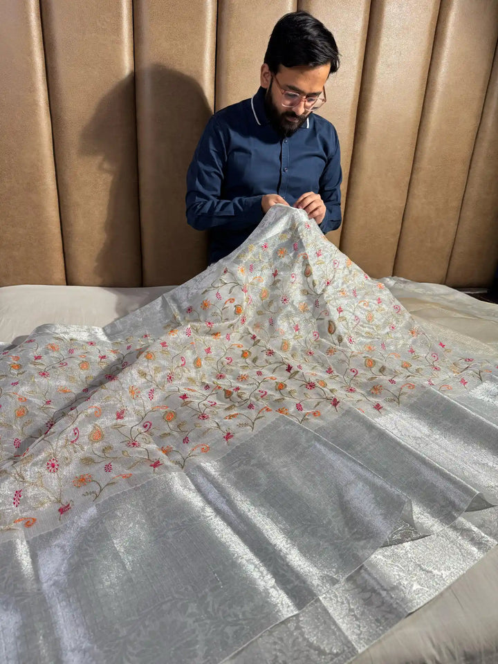 Silver Tissue Kota Silk Saree with Flower Thread Work and Zari Pallu