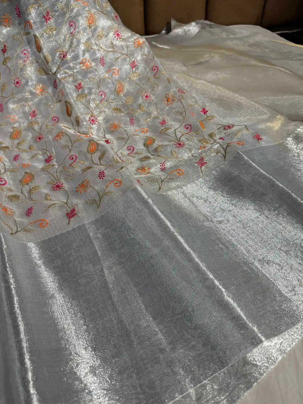 Silver Tissue Kota Silk Saree with Flower Thread Work and Zari Pallu