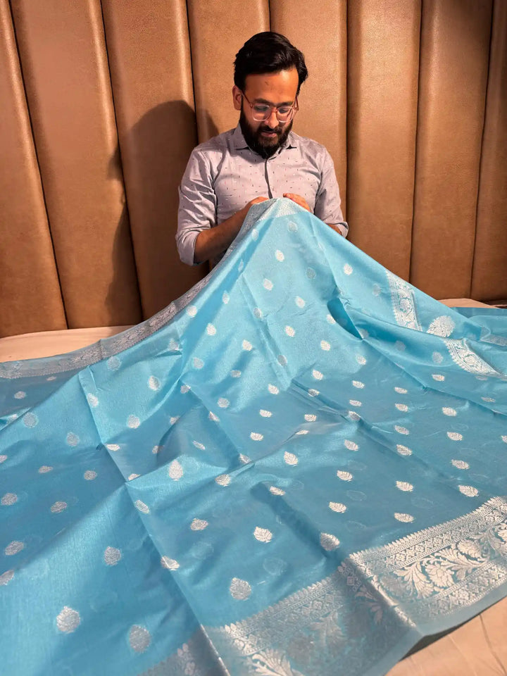 Sky Blue Colour Soft Silk Khaddi Buti Banarasi Saree