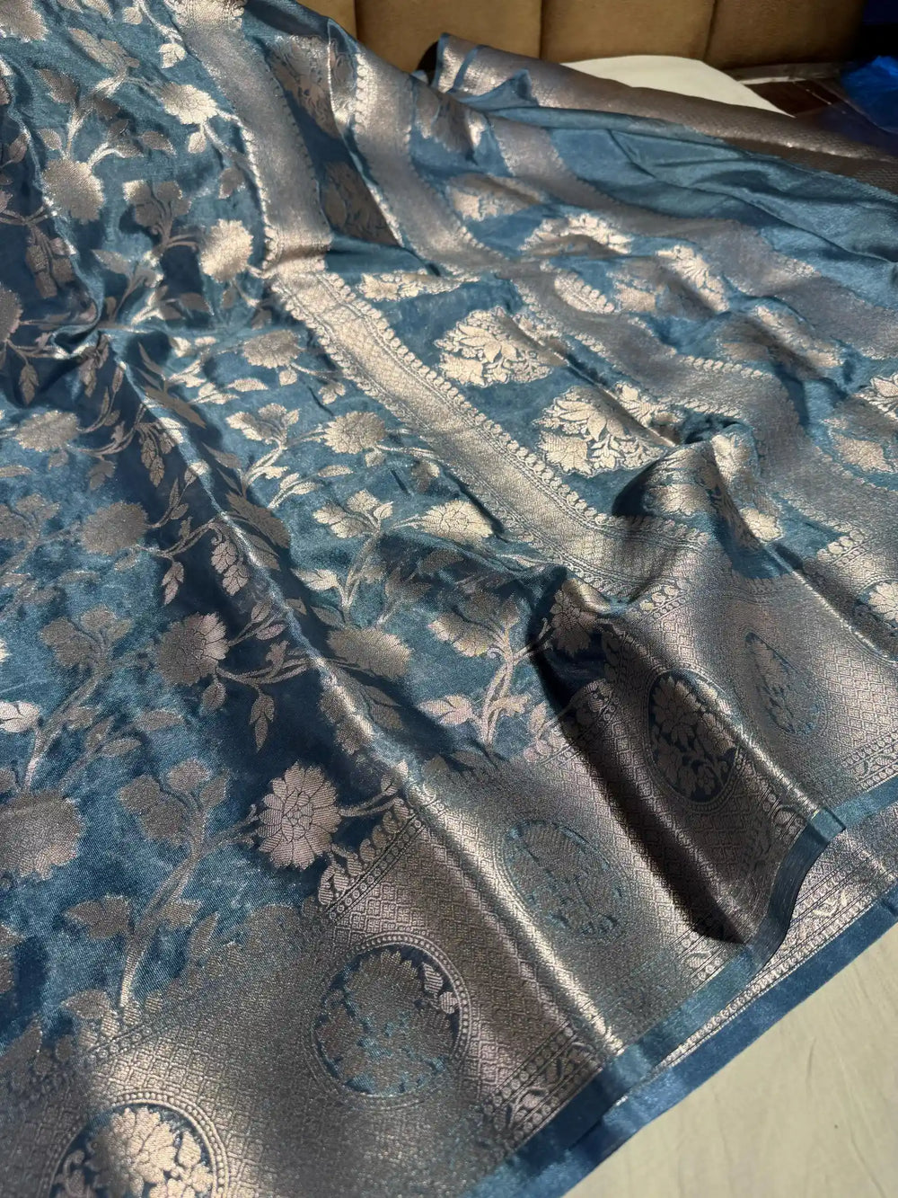 Slate Grey Banarasi Chiniya Silk Saree with Jaal Design Rich Pallu and Blouse
