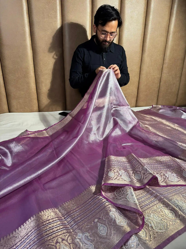 Subtle Lavender Tissue Silk Saree with Rich Pallu and Blouse