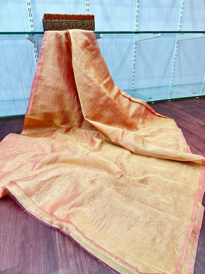Light Peach Crush Tissue Silk Banarasi Saree