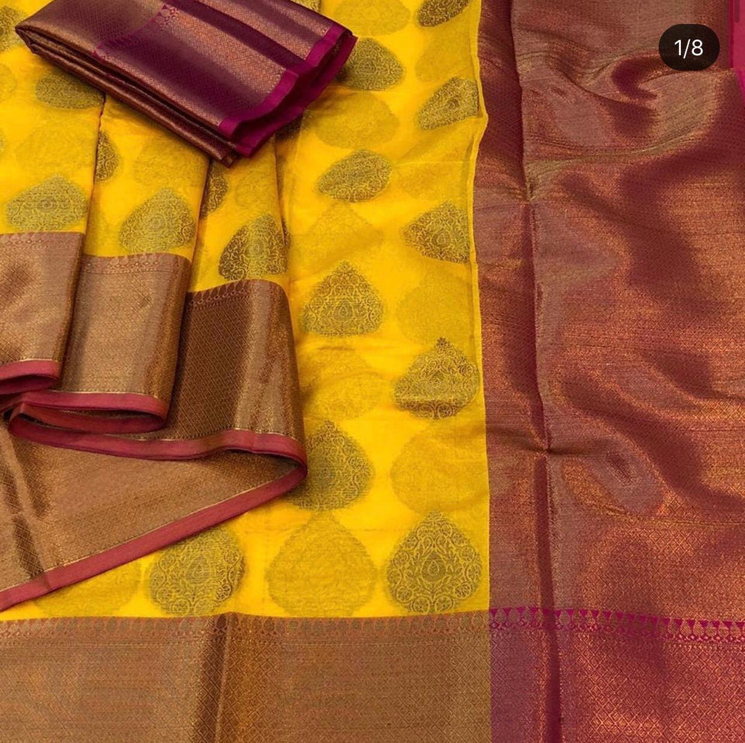 Yellow Colour Cotton Silk Buta Banarasi Saree