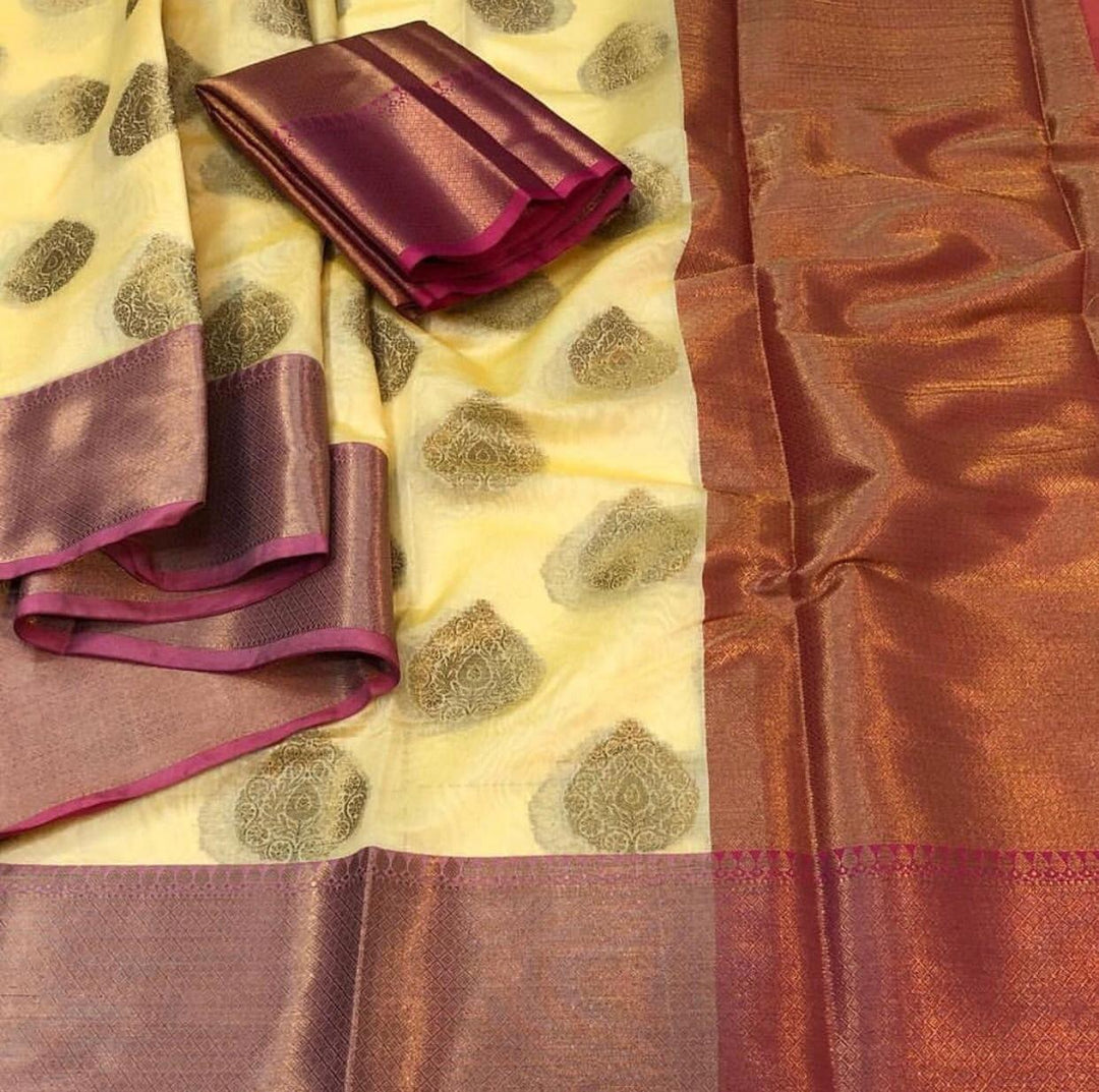 Creame Cotton Silk Buta Banarasi Saree
