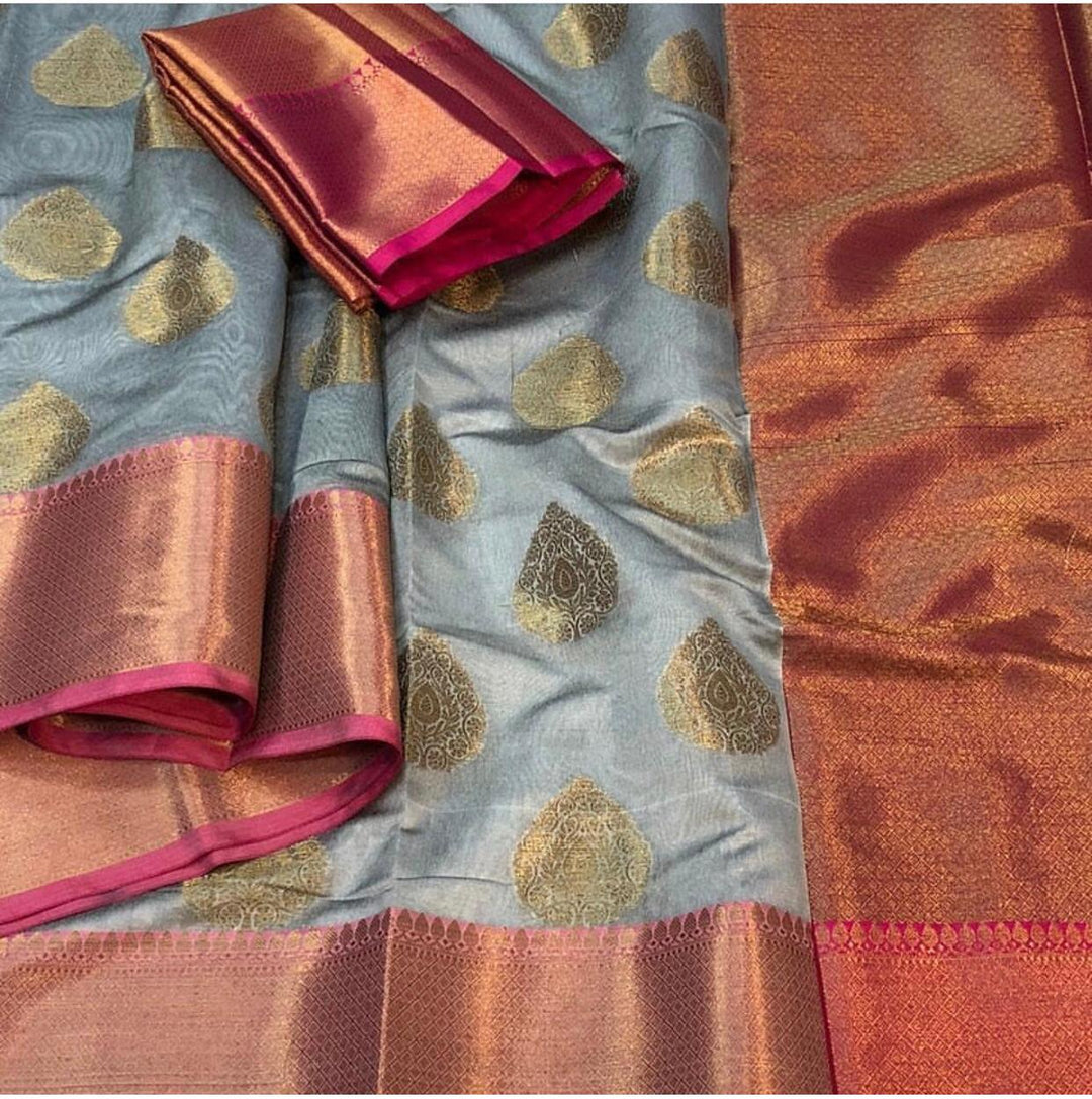Gray Colour Cotton Silk Buta Banarasi Saree