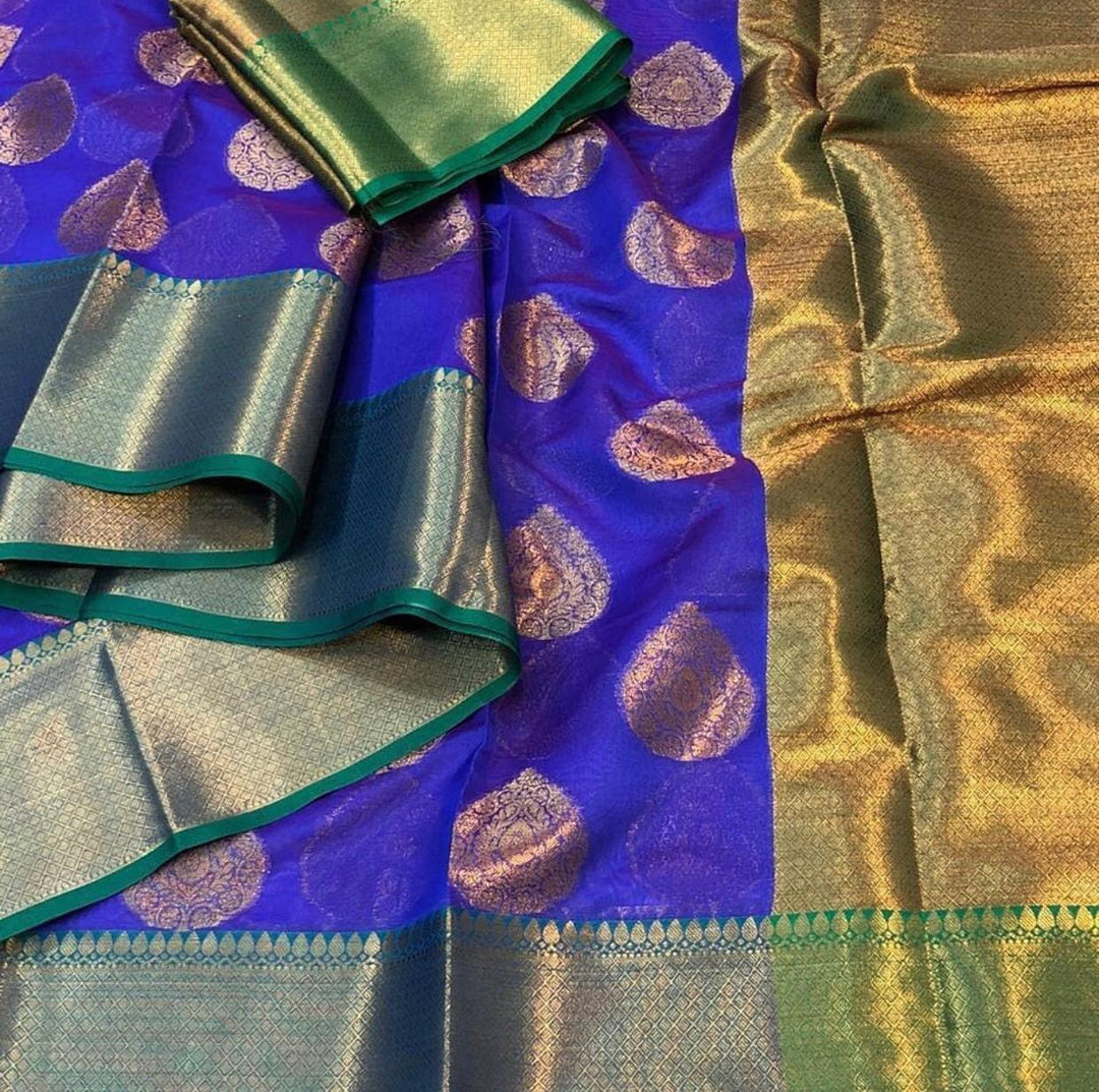 Blue Colour Cotton Silk Buta Banarasi Saree