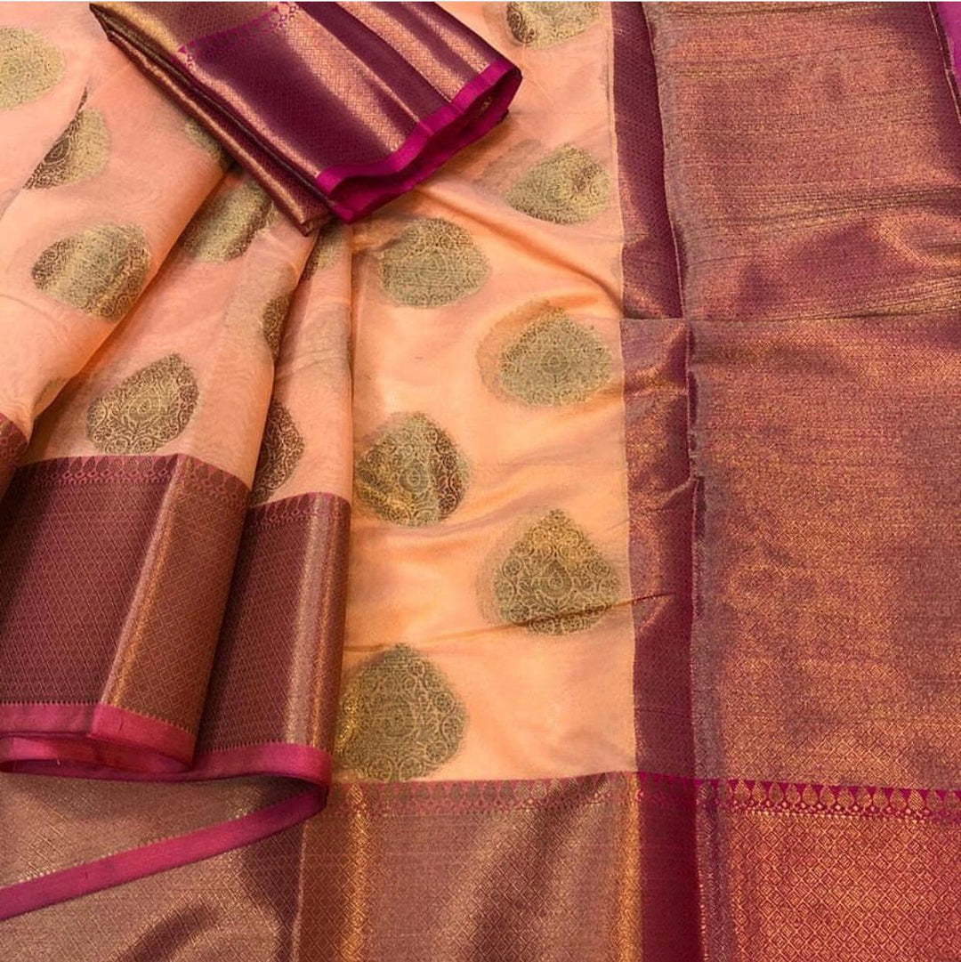 Light Peach Cotton Silk Buta Banarasi Saree