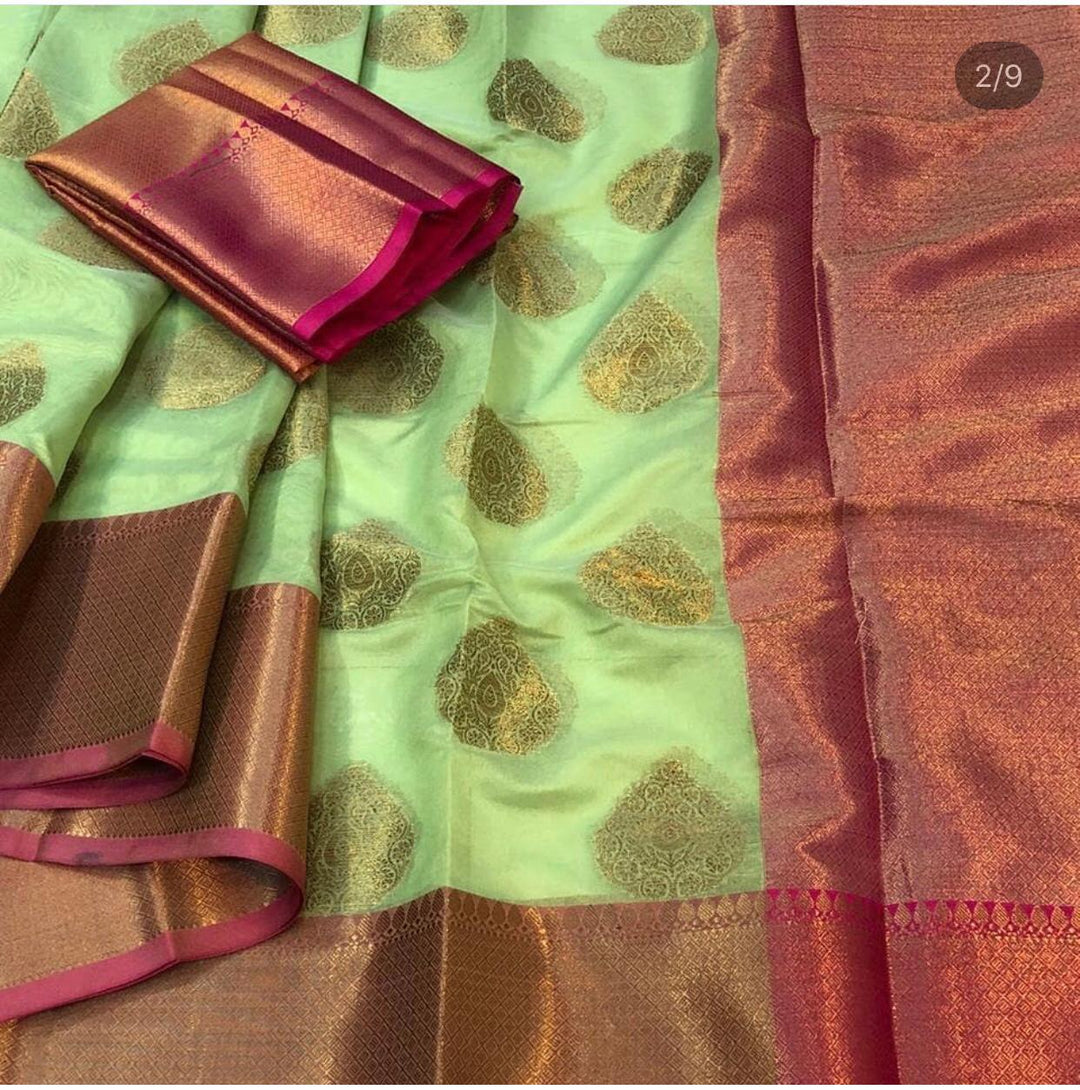 Light Green Colour Cotton Silk Buta Banarasi Saree