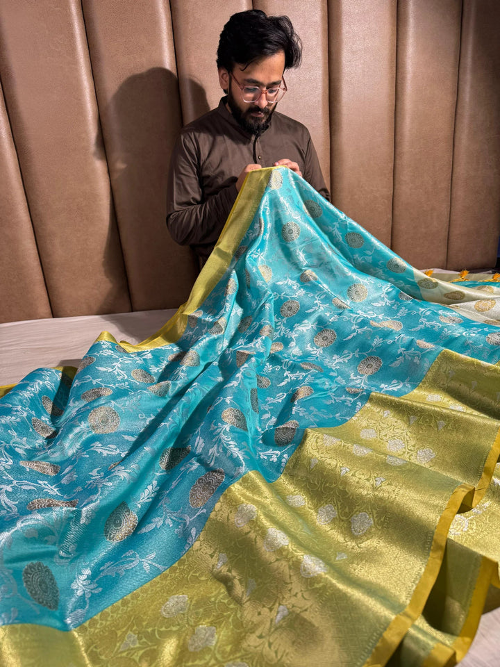 premium banarasi powder blue tissue silk saree with rich pallu and blouse