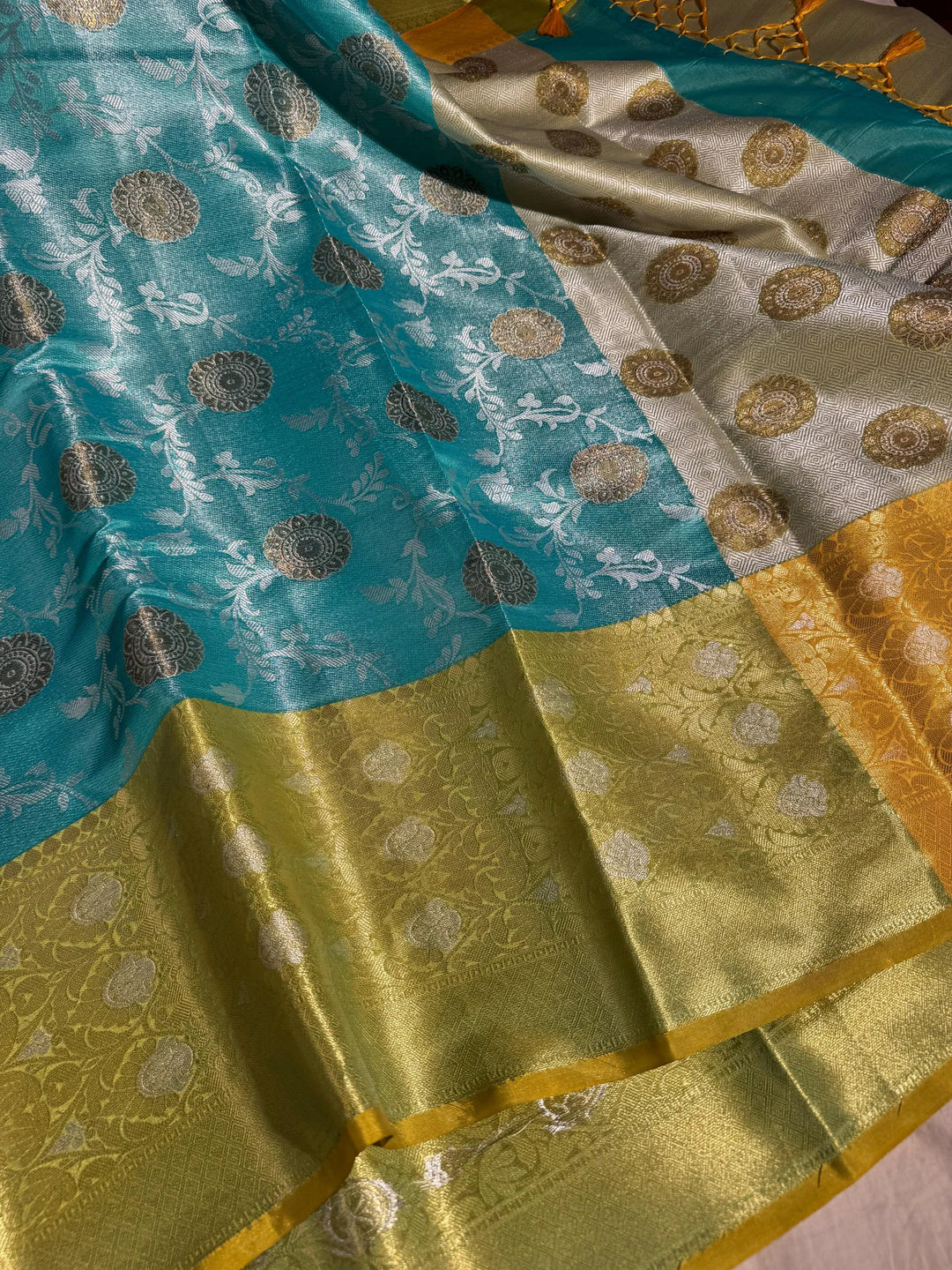 premium banarasi powder blue tissue silk saree with rich pallu and blouse