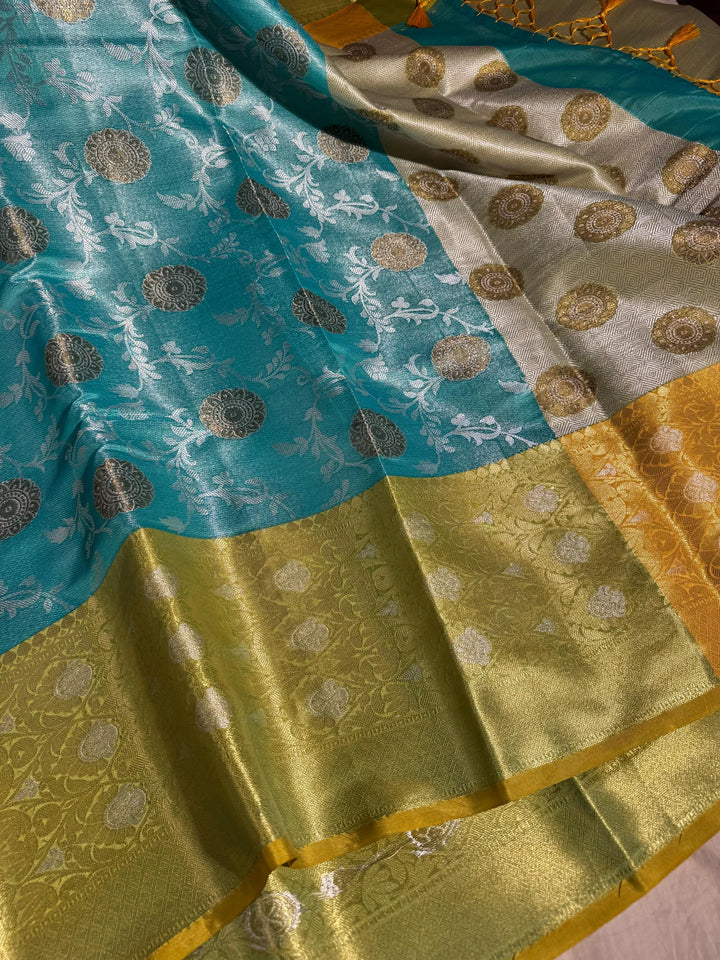 premium banarasi powder blue tissue silk saree with rich pallu and blouse