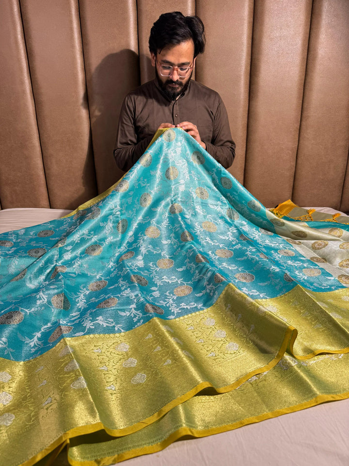 premium banarasi powder blue tissue silk saree with rich pallu and blouse