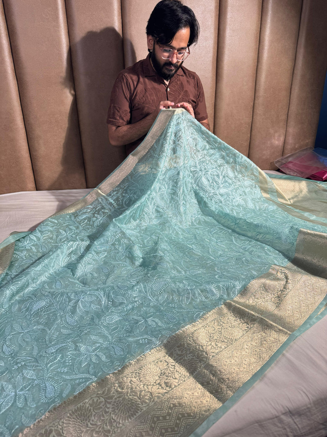Pastel Sea Green Organza Silk Chikankari Work Banarasi Saree