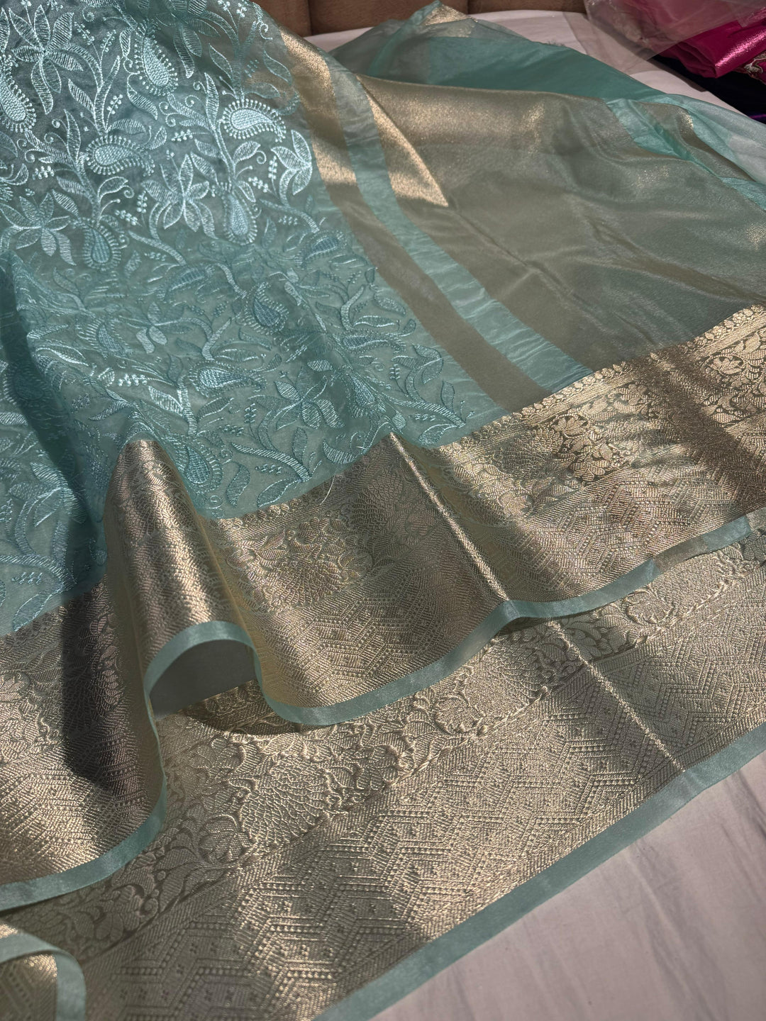 Pastel Sea Green Organza Silk Chikankari Work Banarasi Saree