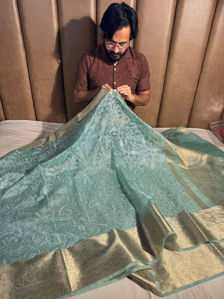 Pastel Sea Green Organza Silk Chikankari Work Banarasi Saree