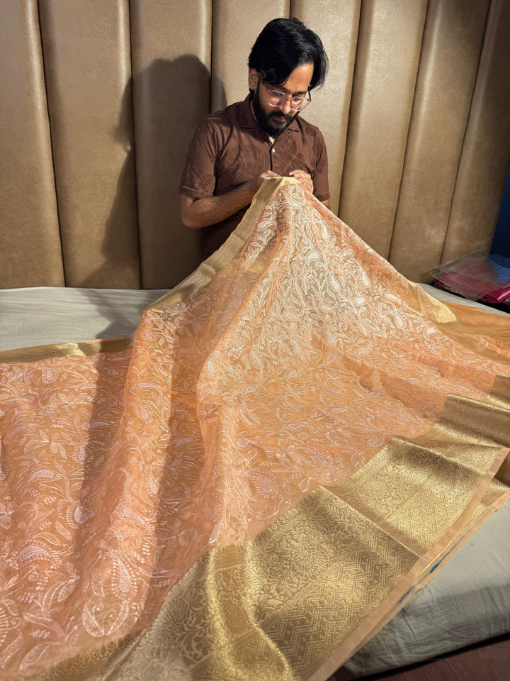 Pastel Peaches Orange Organza Silk Chikankari Work Banarasi Saree
