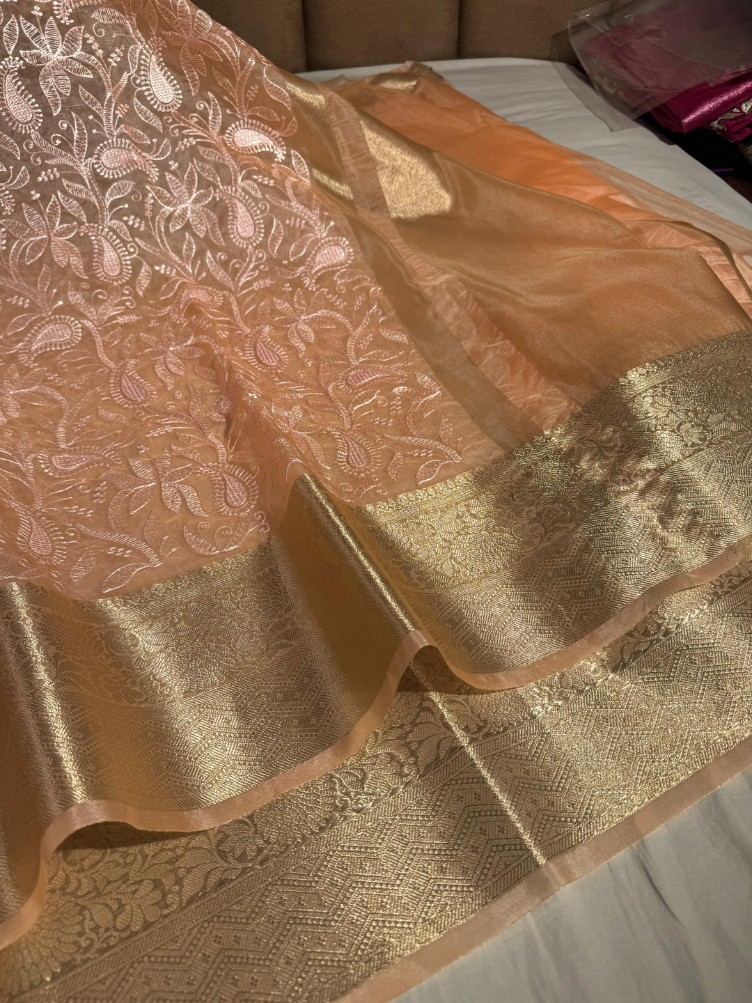 Pastel Peaches Orange Organza Silk Chikankari Work Banarasi Saree