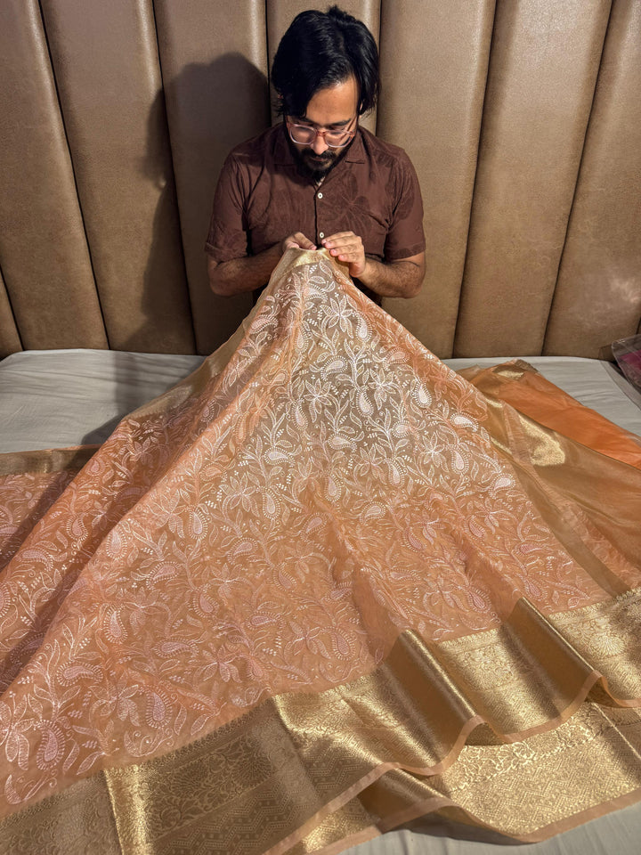 Pastel Peaches Orange Organza Silk Chikankari Work Banarasi Saree