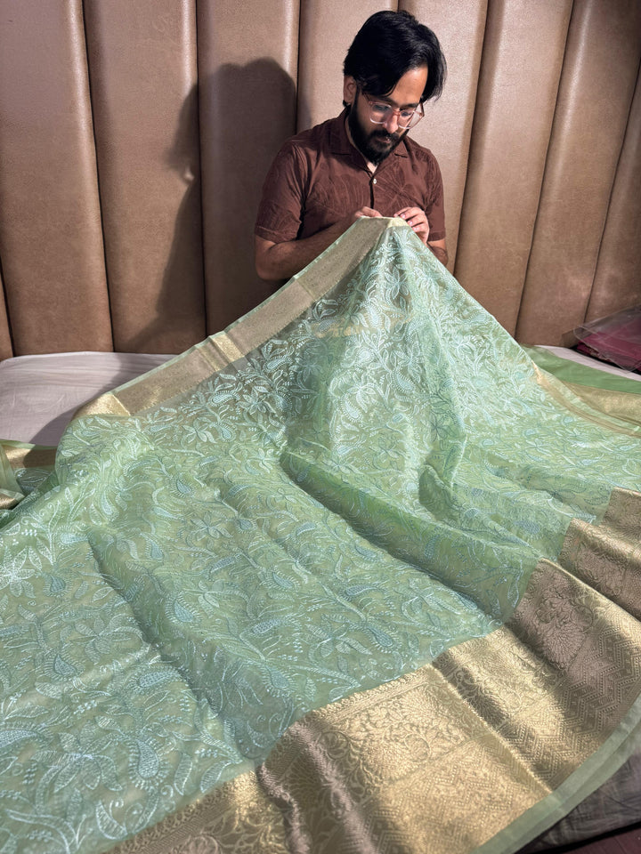Sea Green Organza Silk Chikankari Work Banarasi Saree