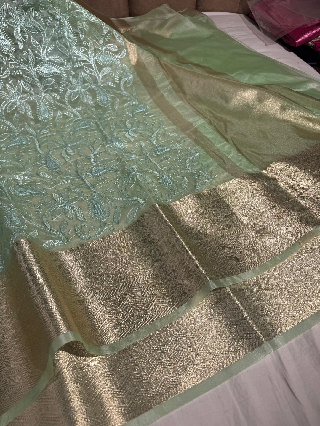 Sea Green Organza Silk Chikankari Work Banarasi Saree