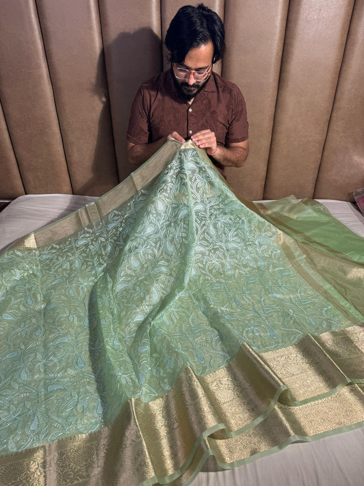 Sea Green Organza Silk Chikankari Work Banarasi Saree