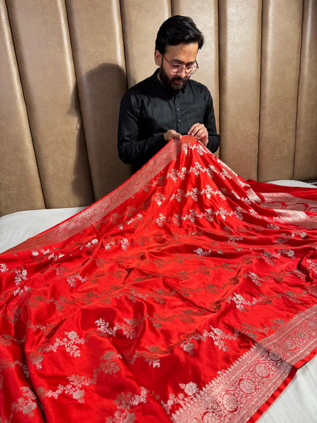 Bridal Red Mashru Katan Silk Leheriya Weave Banarasi Saree