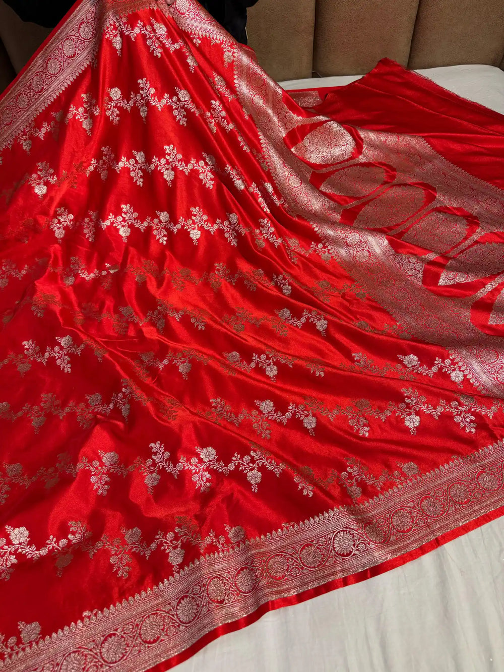 Bridal Red Mashru Katan Silk Leheriya Weave Banarasi Saree